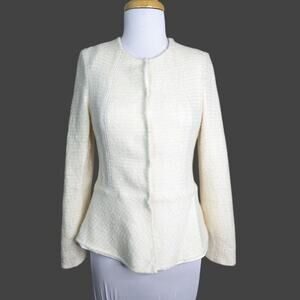 Lafayette 148 Wool Blend Boucle Tweed Peplum Blazer Jacket 6 Beige Cream